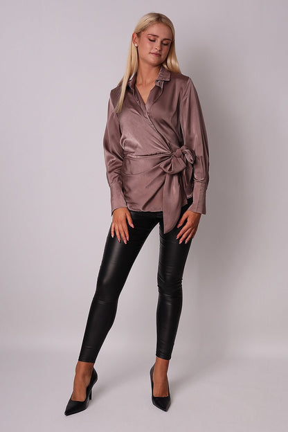 Satin Tie Waist Shirt with Envelope Neckline, Snap Front Closure, and Long Sleeves