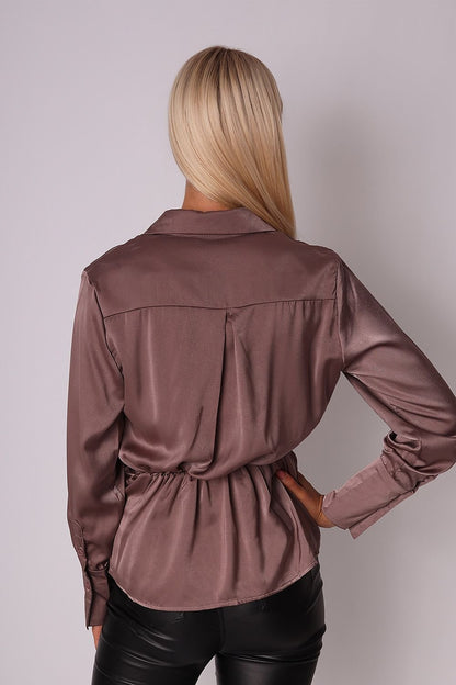 Satin Tie Waist Shirt with Envelope Neckline, Snap Front Closure, and Long Sleeves