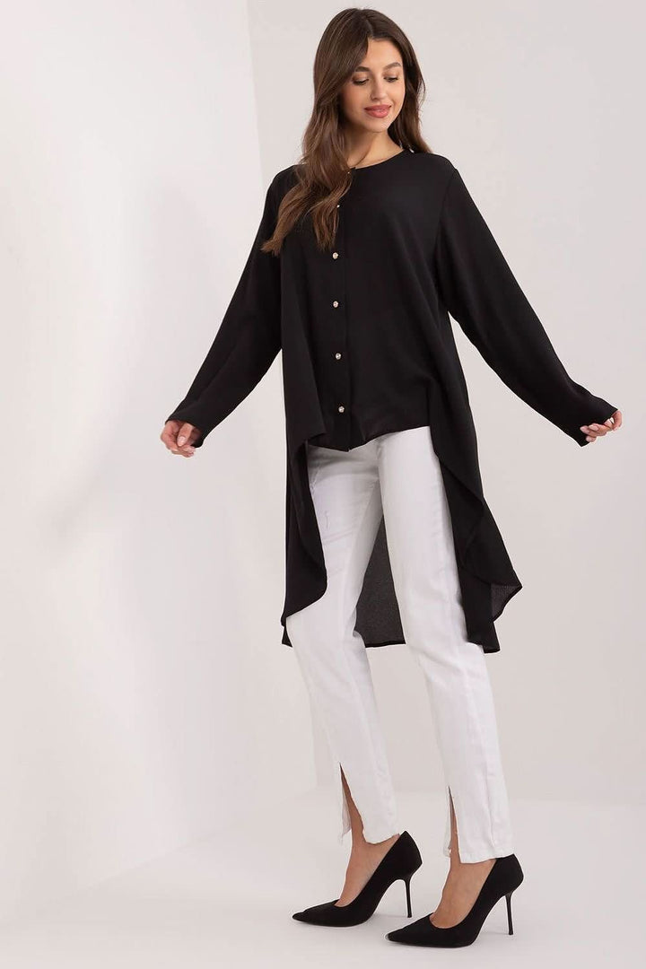 Elegant Long-Sleeve Shirt with Asymmetrical Hem and Round Neckline - Ludowika 