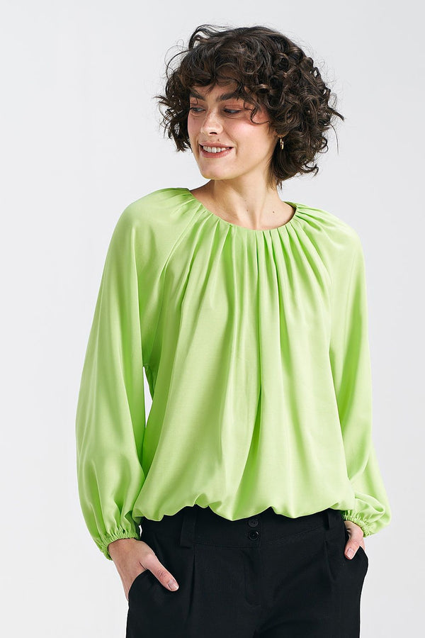 Viscose Blouse with Pleated Neckline, Elastic Sleeves & Ruffled Bottom - Ludowika 