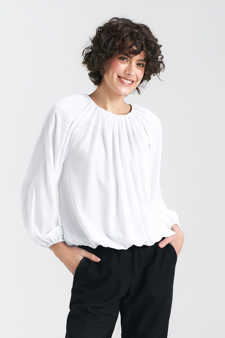 White Viscose Blouse with Pleated Neckline, Elastic Sleeves & Ruffled Bottom