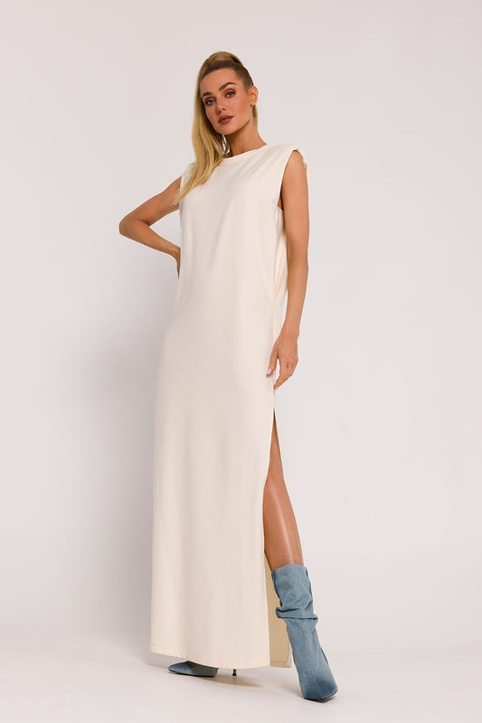 Oversized Knit Maxi Dress with Shoulder Pads and Side Slit