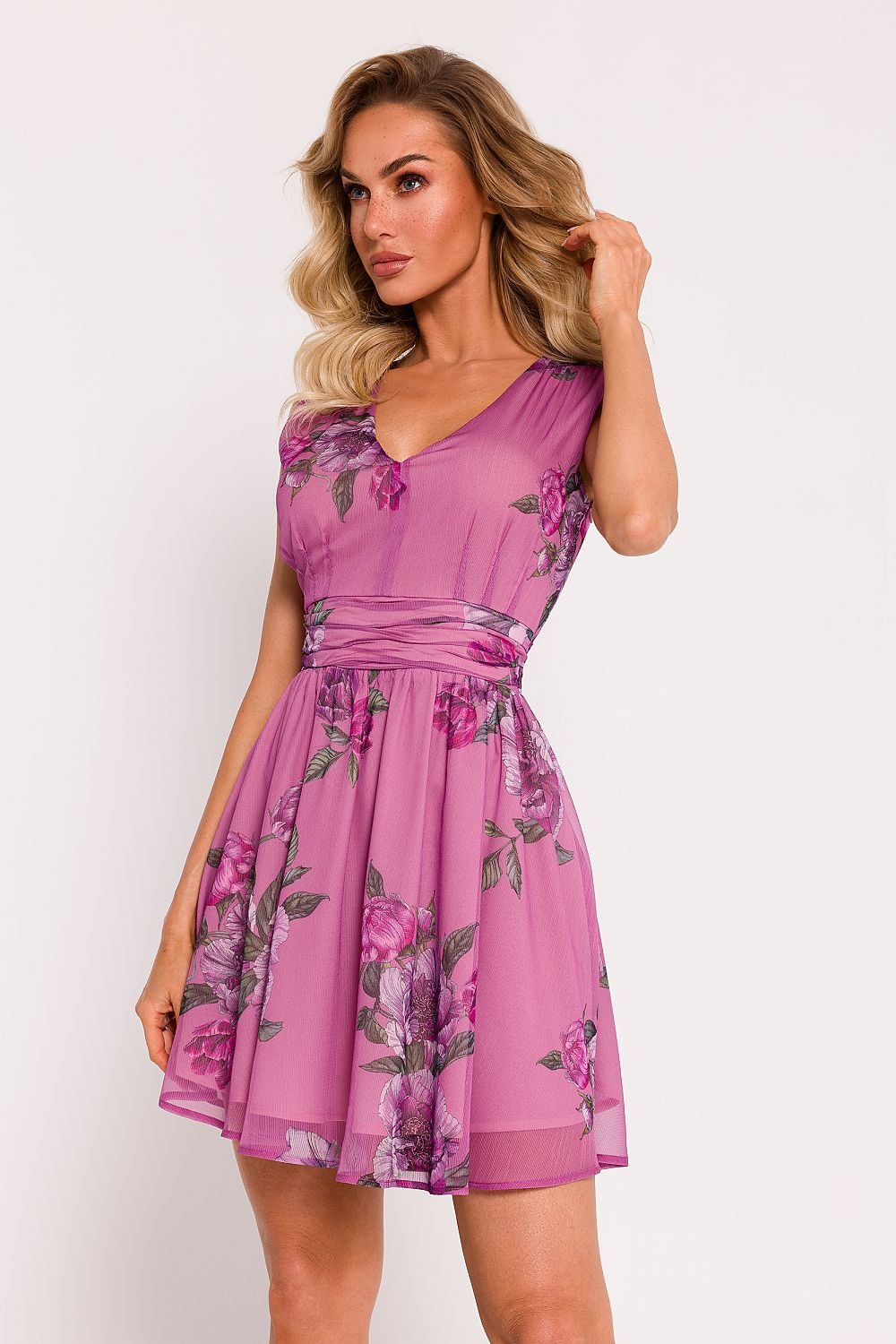 Elegant Chiffon Mini Dress with V-Neck and Crinkled Waist Detail