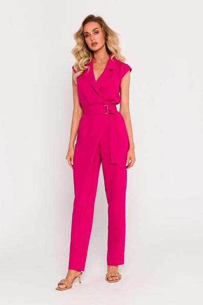 Elegant sleeveless jumpsuit featuring tapered legs with side asymmetry, a V-neck envelope top with a collar, press-stud and covered zipper front, elastic back waistband, side pockets, and a buckled belt for a stylish, comfortable fit.






