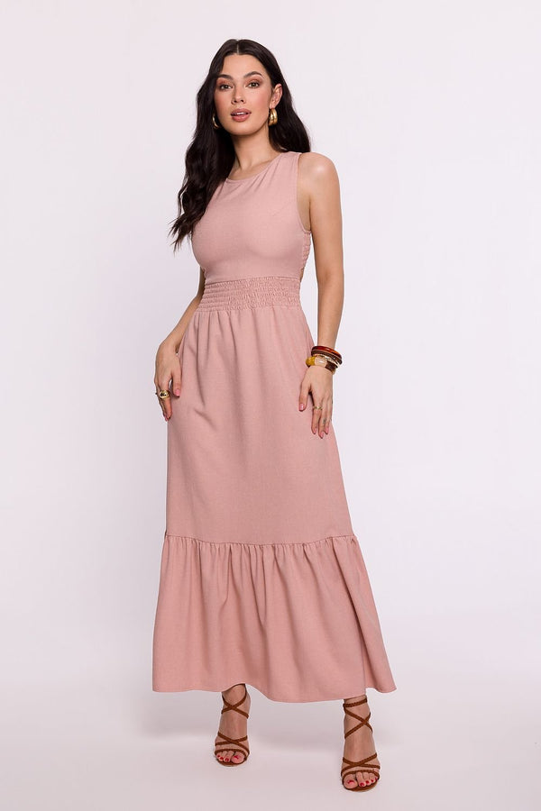 Vestido largo con espalda abierta, lazo ajustable y dobladillo con volantes