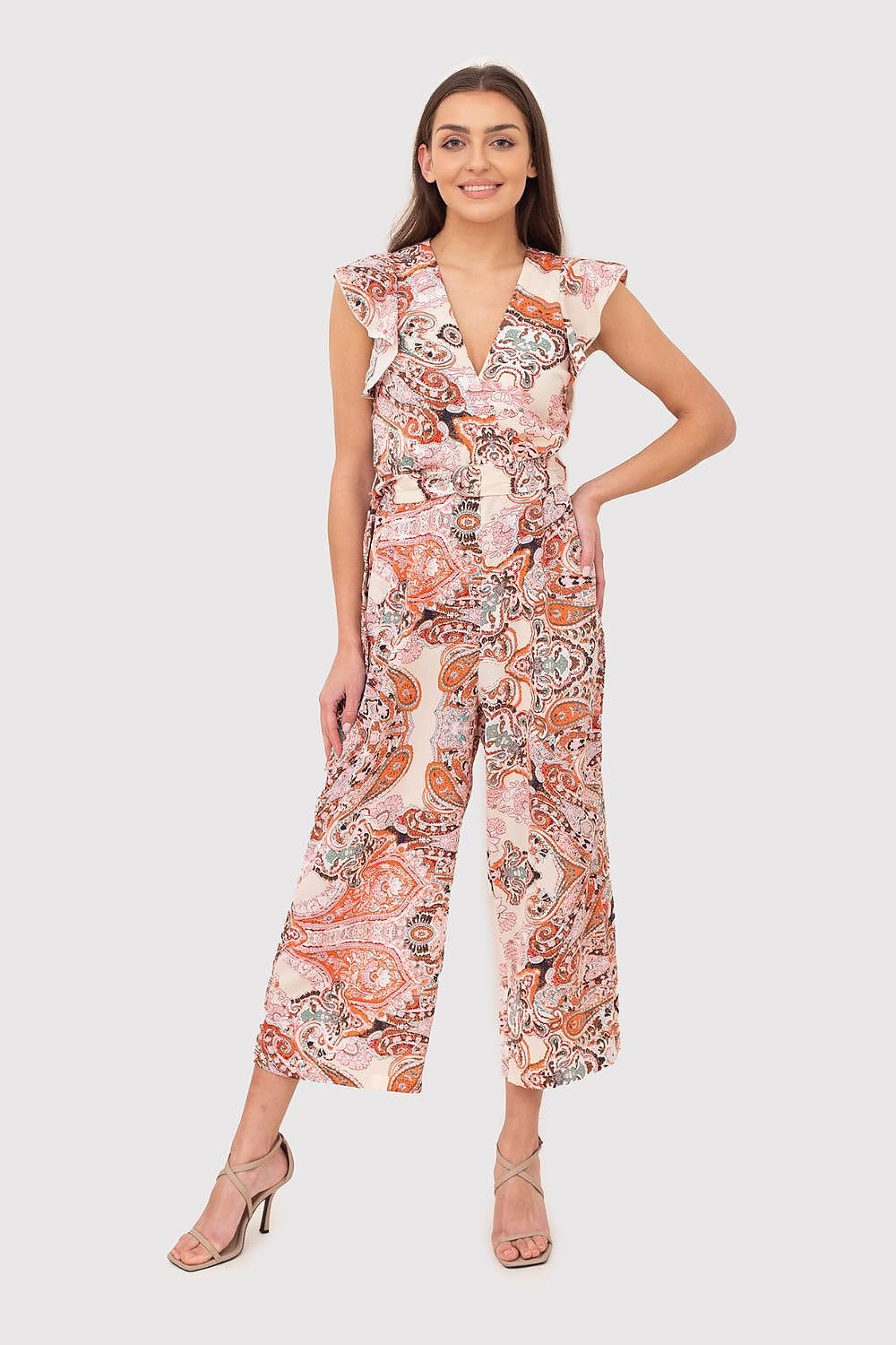 Colorful Jumpsuit with Frill Trim and Tie Belt

