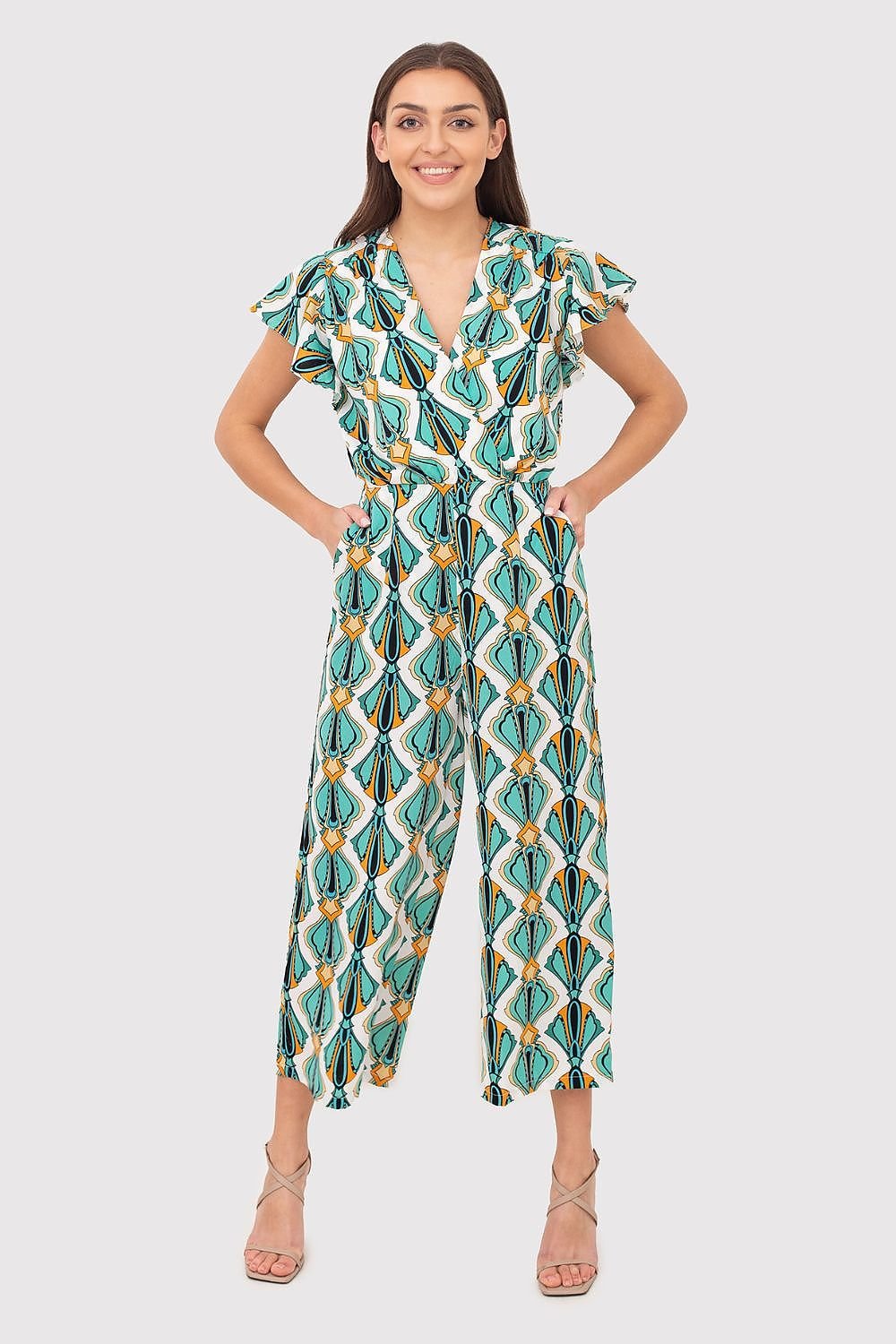 Printed Short-Sleeve Jumpsuit with V-Neck, Elastic Waist, and Culotte Pants