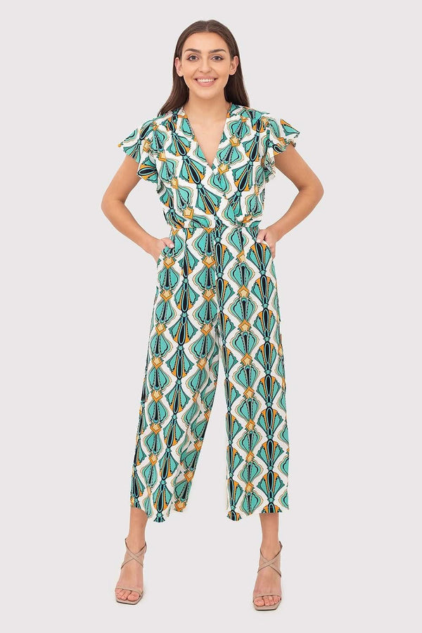 Printed Short-Sleeve Jumpsuit with V-Neck, Elastic Waist, and Culotte Pants - Ludowika 