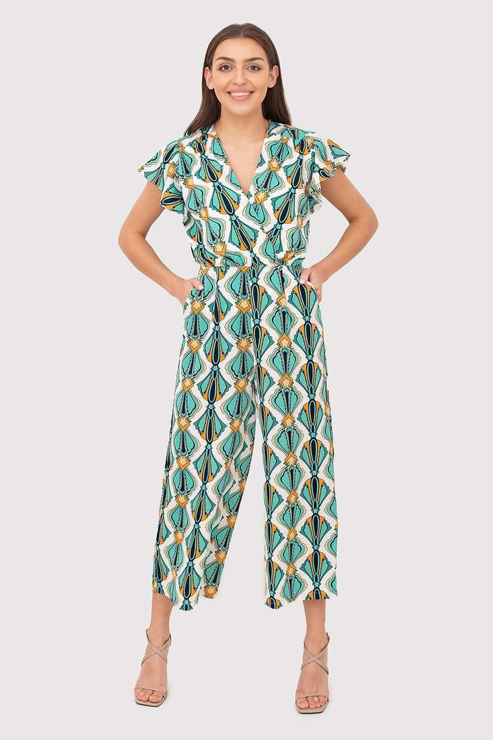 Printed Short-Sleeve Jumpsuit with V-Neck, Elastic Waist, and Culotte Pants - Ludowika 