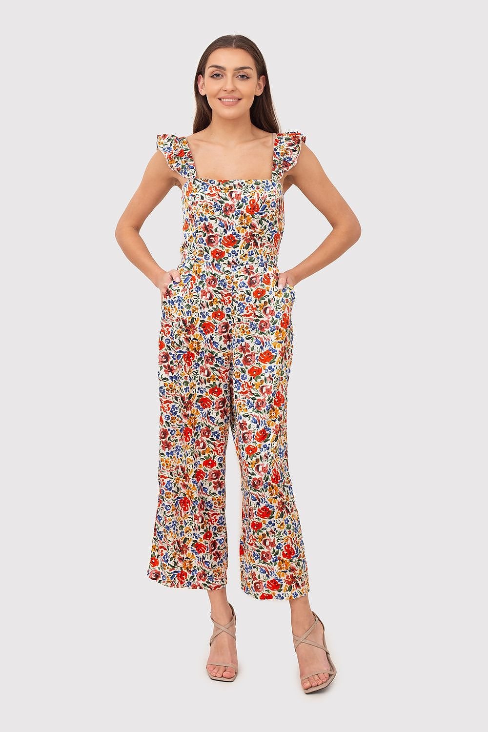 Floral Print Ruffle Jumpsuit with Wide Legs and Side Pockets

