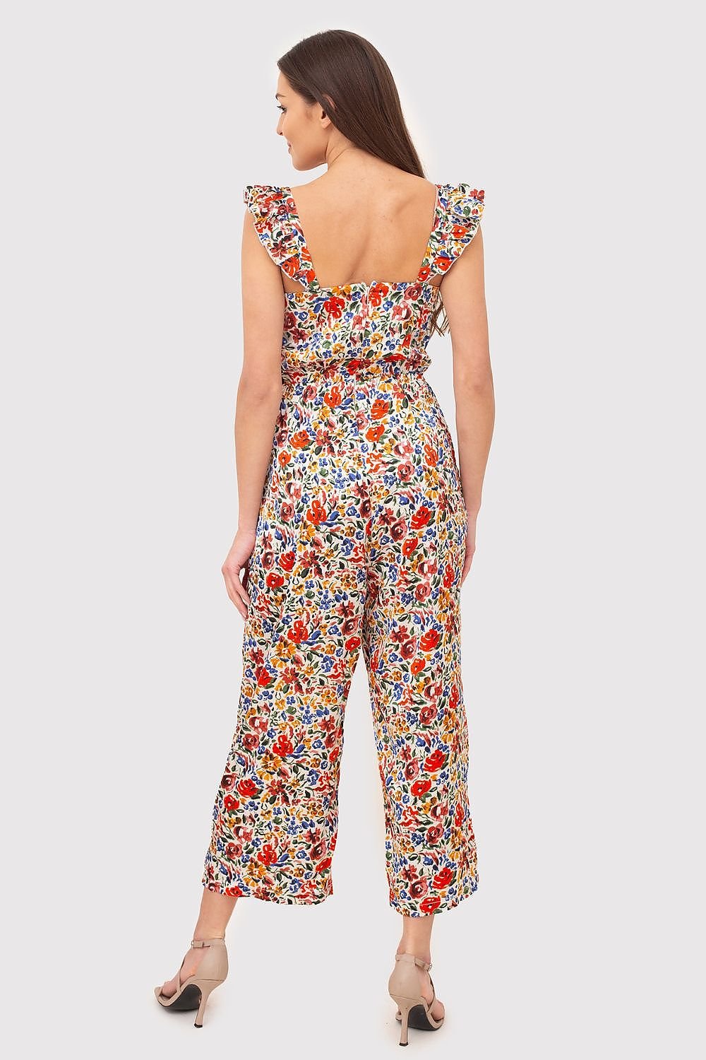 Floral Print Ruffle Jumpsuit with Wide Legs and Side Pockets

