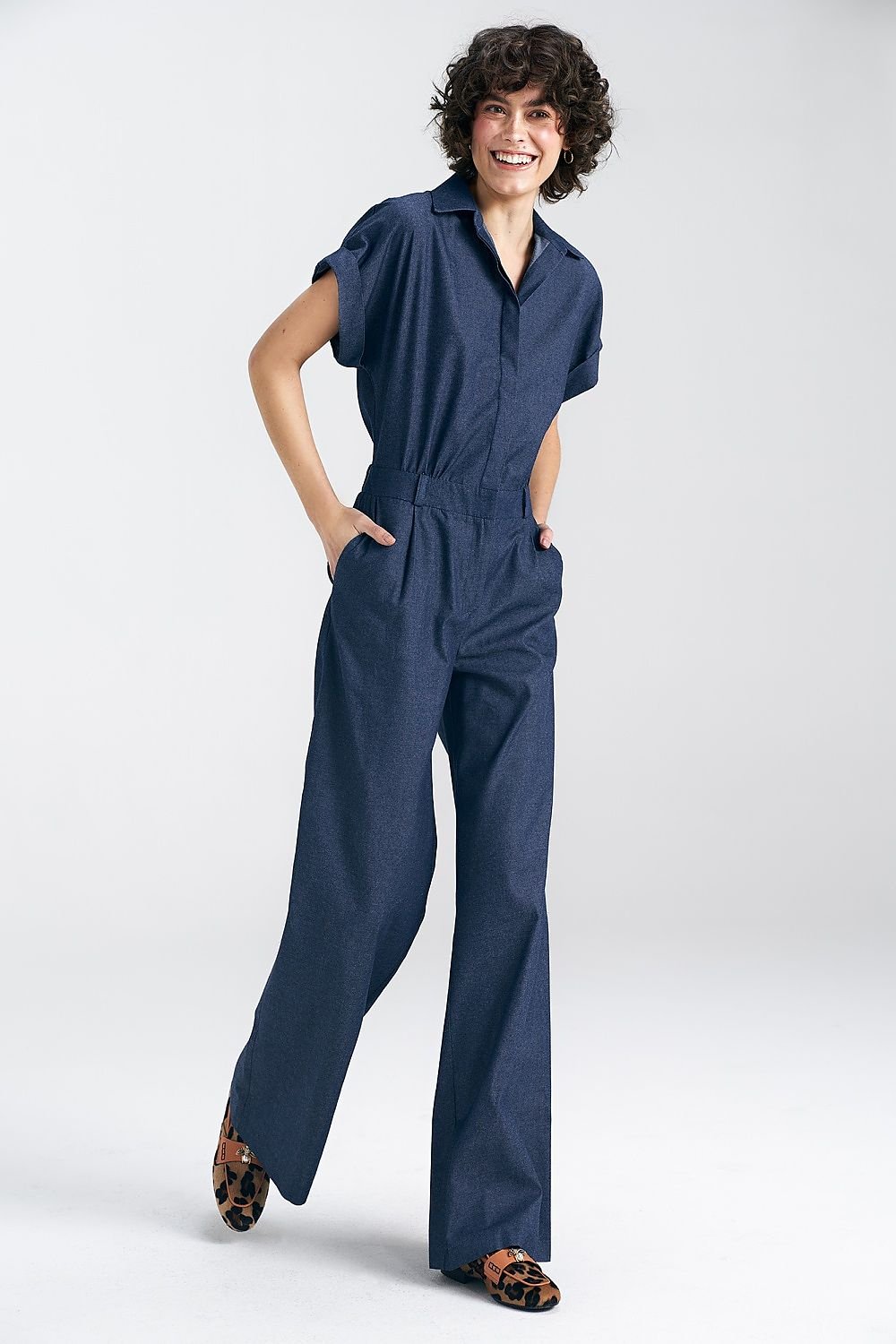 Denim V-Neck Jumpsuit with Kimono Sleeves and Wide Legs