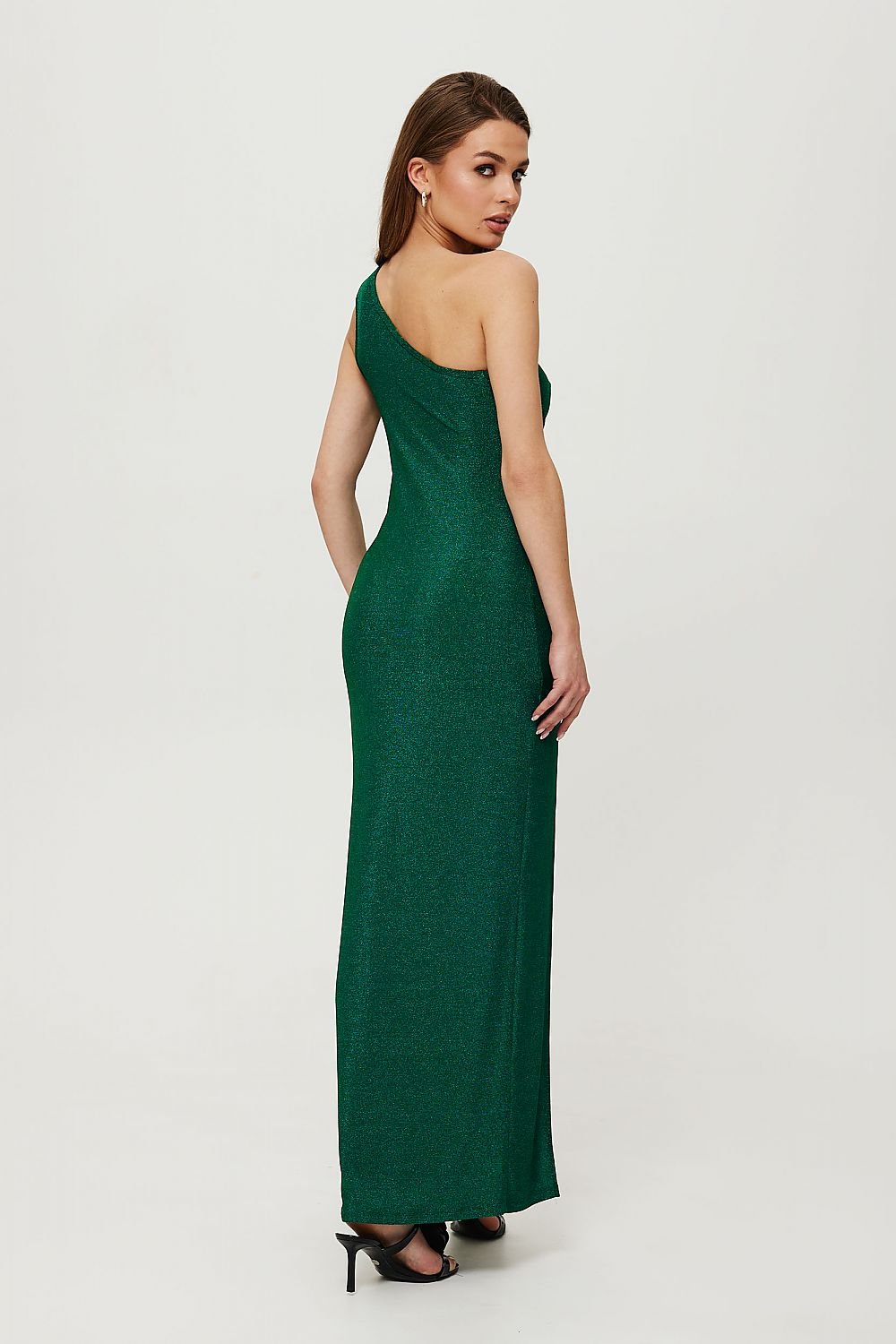 One-Shoulder Metallic Knit Dress with Side Crease and High Slit