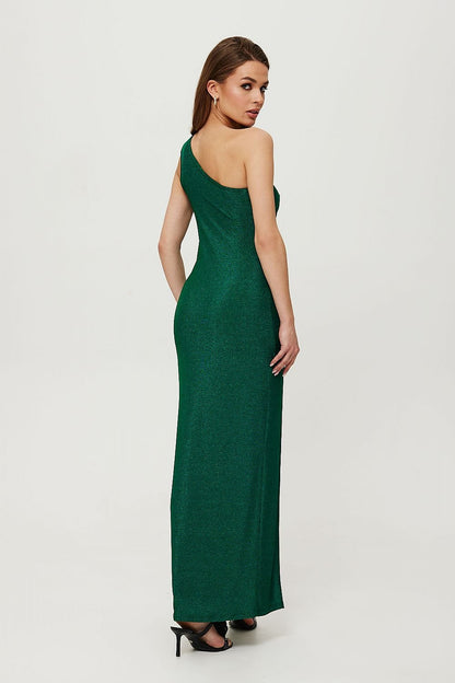 One-Shoulder Metallic Knit Dress with Side Crease and High Slit