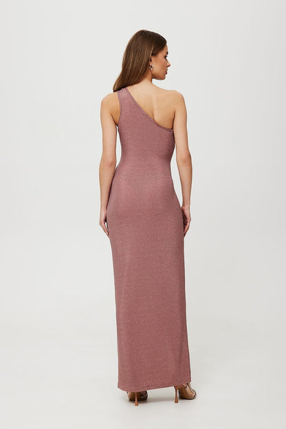 One-Shoulder Metallic Knit Dress with Side Crease and High Slit