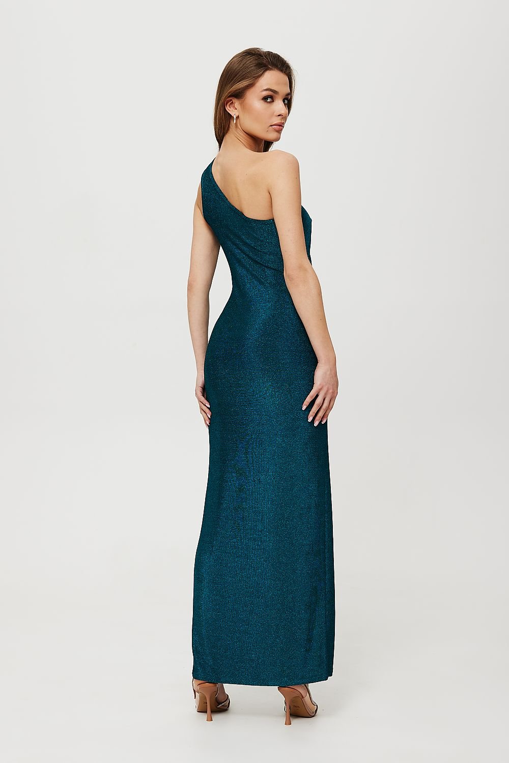 One-Shoulder Metallic Knit Dress with Side Crease and High Slit