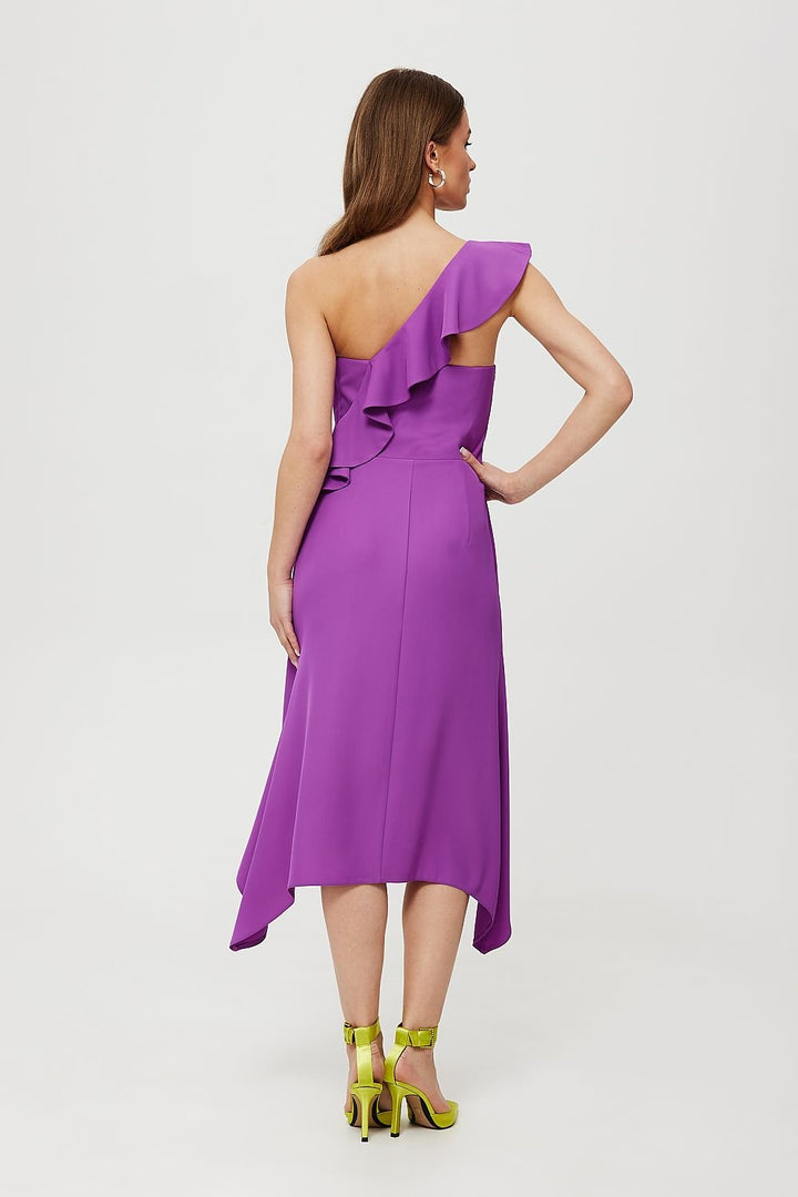 One-Shoulder Ruffled Midi Dress with Corset Top and Envelope Skirt - Ludowika 