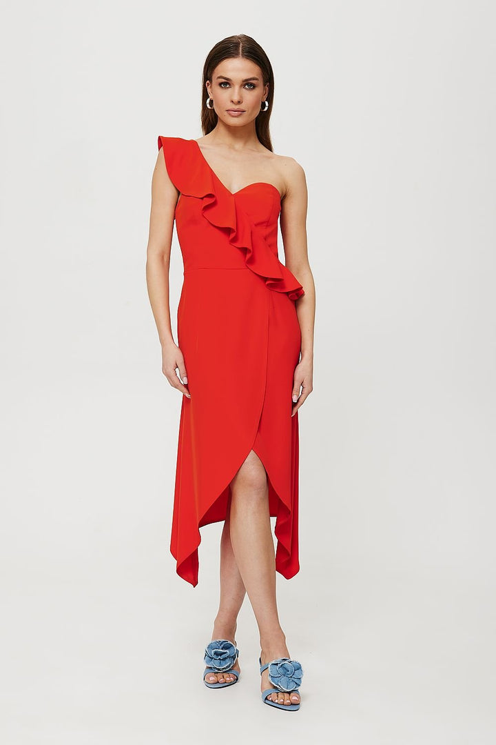 One-Shoulder Ruffled Midi Dress with Corset Top and Envelope Skirt - Ludowika 