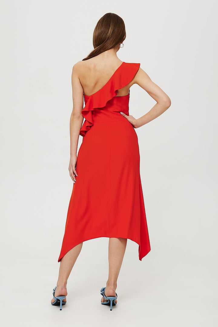 One-Shoulder Ruffled Midi Dress with Corset Top and Envelope Skirt - Ludowika 