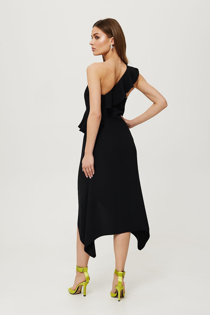 One-Shoulder Ruffled Midi Dress with Corset Top and Envelope Skirt - Ludowika 