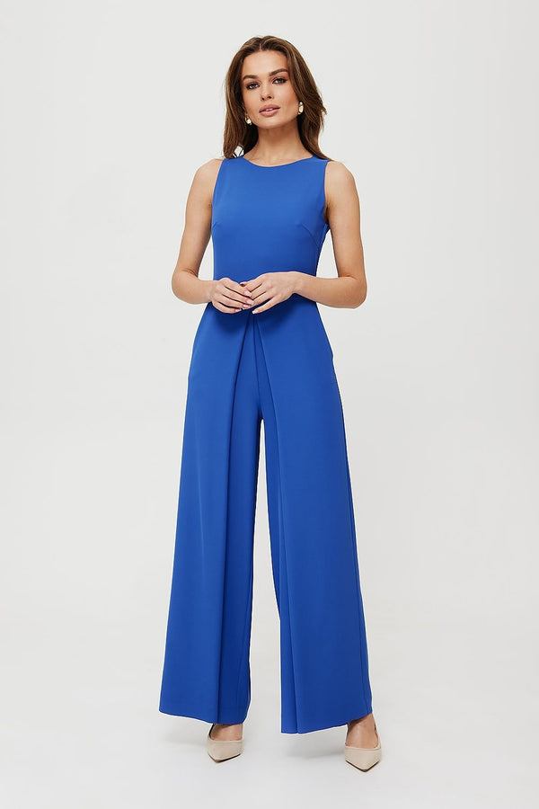 Printed Short-Sleeve Jumpsuit with V-Neck, Elastic Waist, and Culotte Pants - Ludowika 