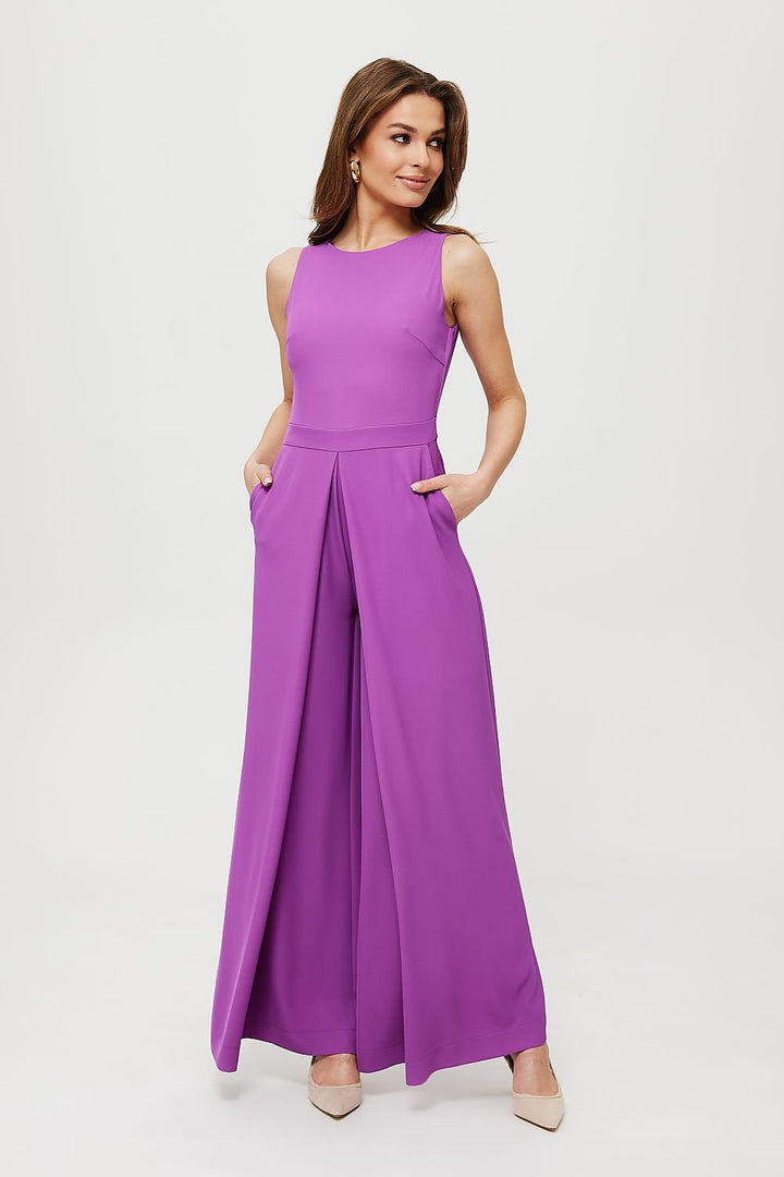 Printed Short-Sleeve Jumpsuit with V-Neck, Elastic Waist, and Culotte Pants - Ludowika 