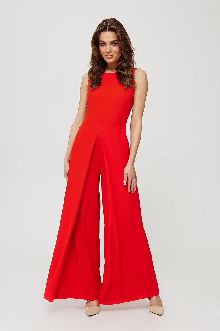 Printed Short-Sleeve Jumpsuit with V-Neck, Elastic Waist, and Culotte Pants - Ludowika 