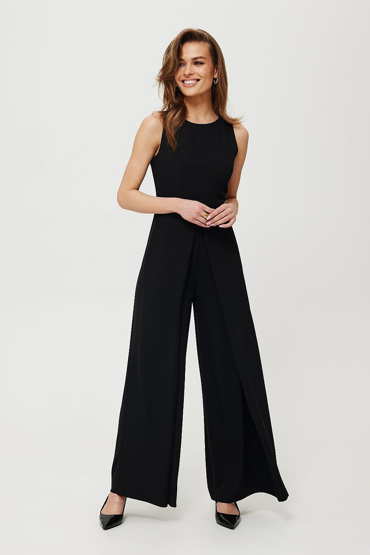 Printed Short-Sleeve Jumpsuit with V-Neck, Elastic Waist, and Culotte Pants - Ludowika 