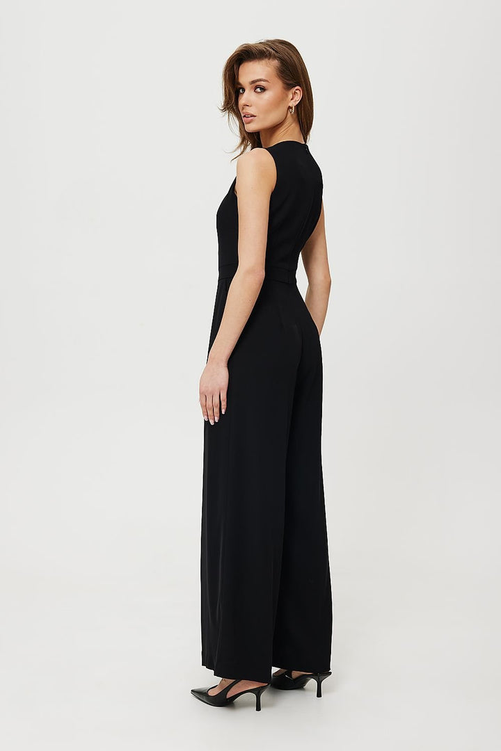 Printed Short-Sleeve Jumpsuit with V-Neck, Elastic Waist, and Culotte Pants - Ludowika 