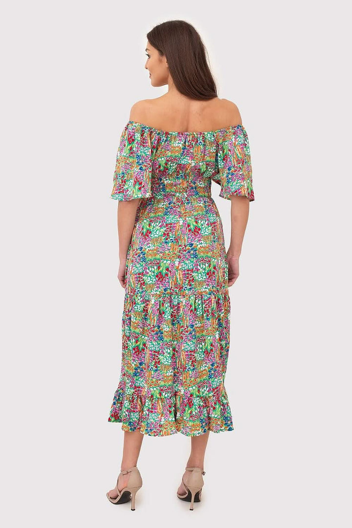 Bardot Style Printed Midi Dress with Ruffled Details - Ludowika 