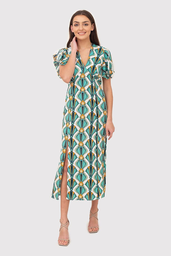 Robe mi-longue à imprimé géométrique avec col en V et lien à la taille
