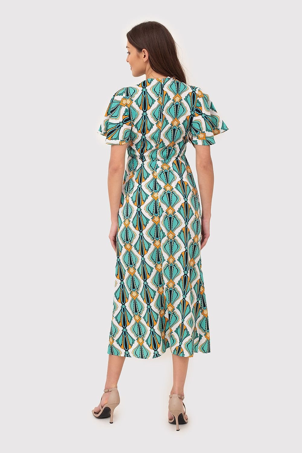 Geometric Printed Midi Dress with V-Neck and Waist Tie