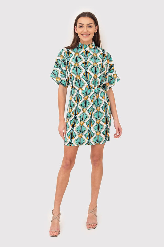 Geometric Printed Mini Dress with High Collar and Short Sleeves