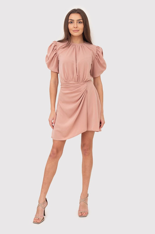 A beautiful pink mini dress featuring short bouffant sleeves, a round neckline, and pleated sides at the hem, fastened with a covered zipper for a chic look.






