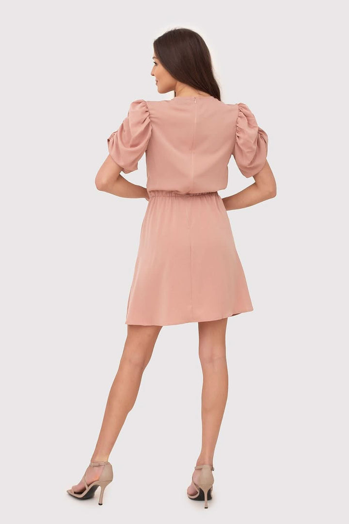 Pink Mini Dress with Short Bouffant Sleeves and Pleated Hem - Ludowika 