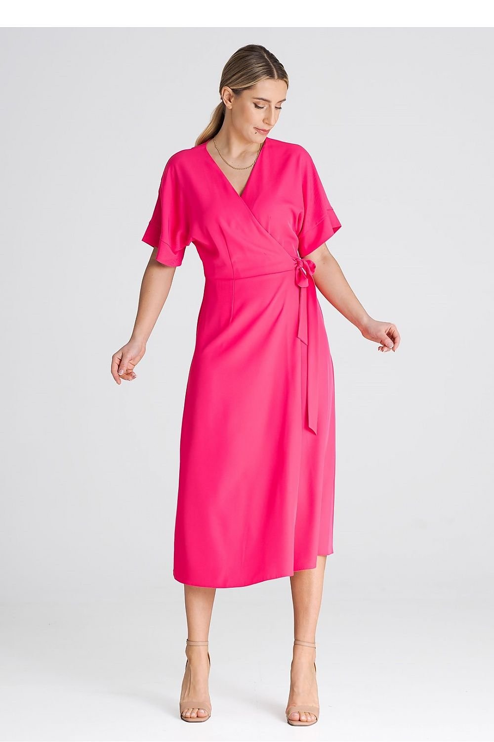 Elegant dress featuring short kimono sleeves with cuffs, an envelope front, and a waist tie, perfect for everyday wear and special occasions.