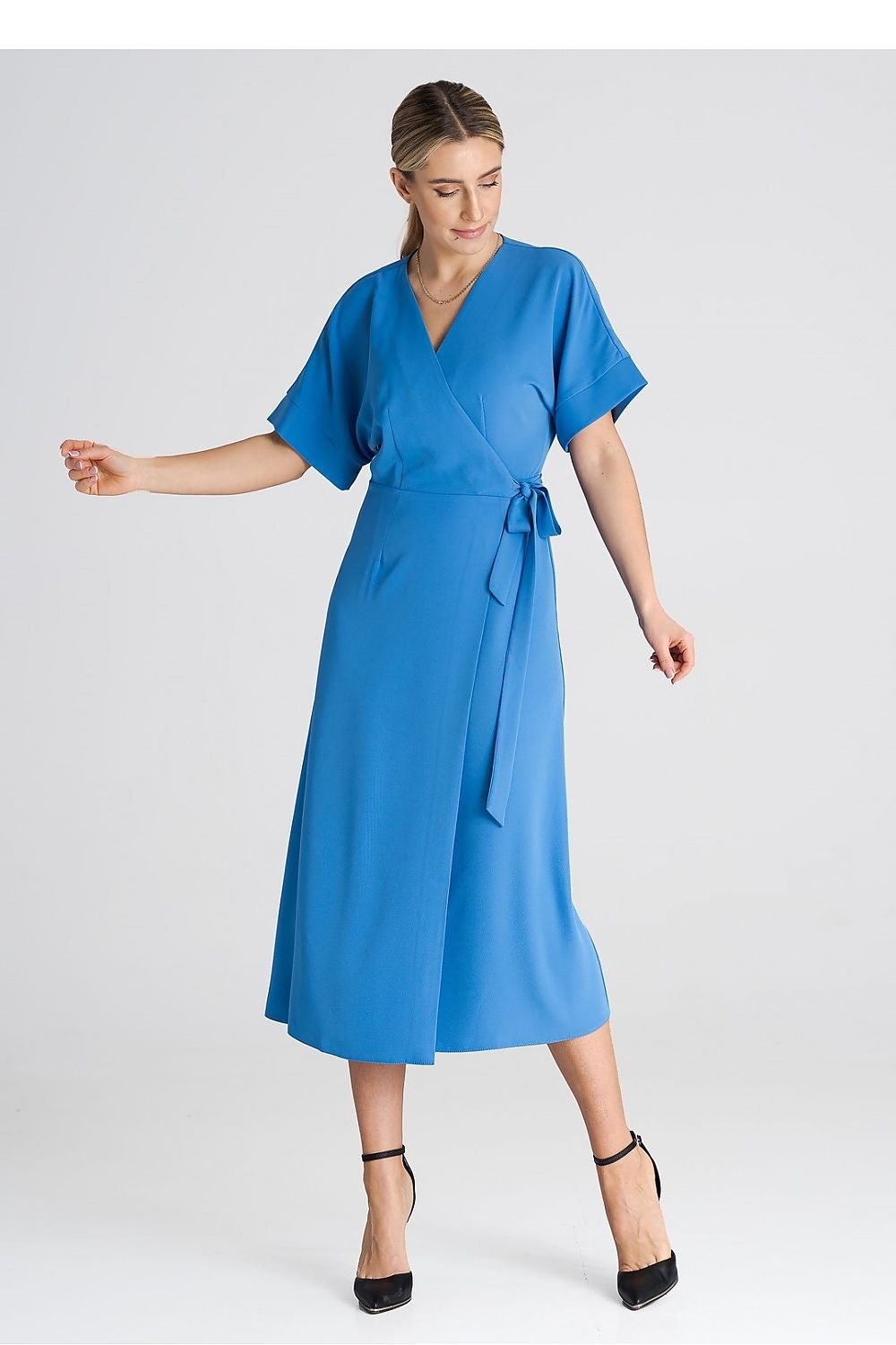 Elegant dress featuring short kimono sleeves with cuffs, an envelope front, and a waist tie, perfect for everyday wear and special occasions.