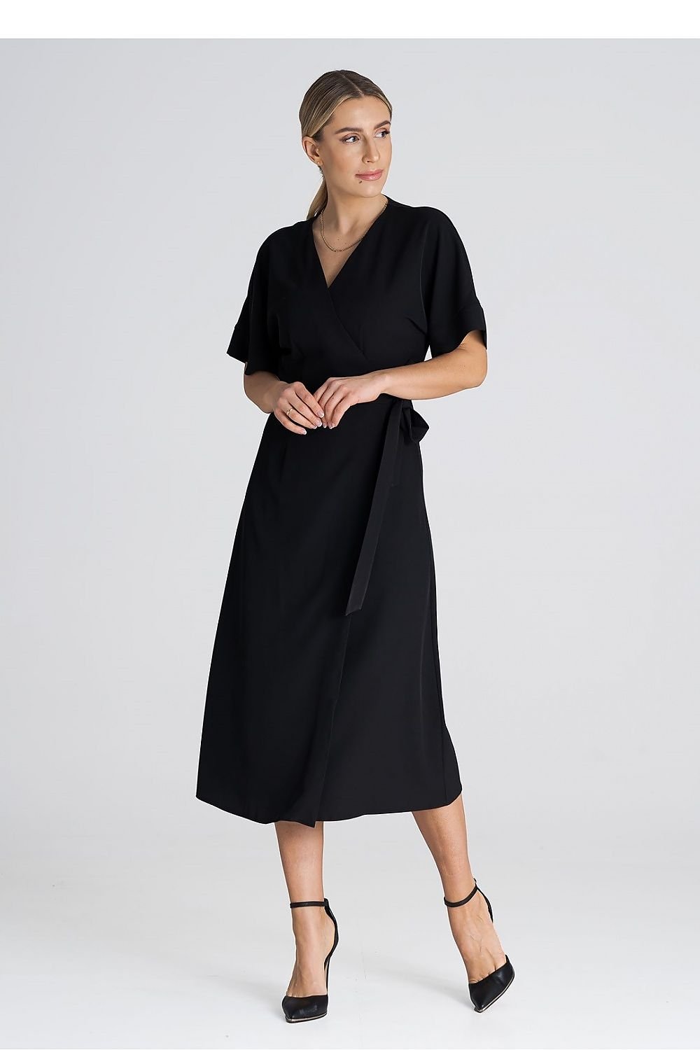 Elegant dress featuring short kimono sleeves with cuffs, an envelope front, and a waist tie, perfect for everyday wear and special occasions.