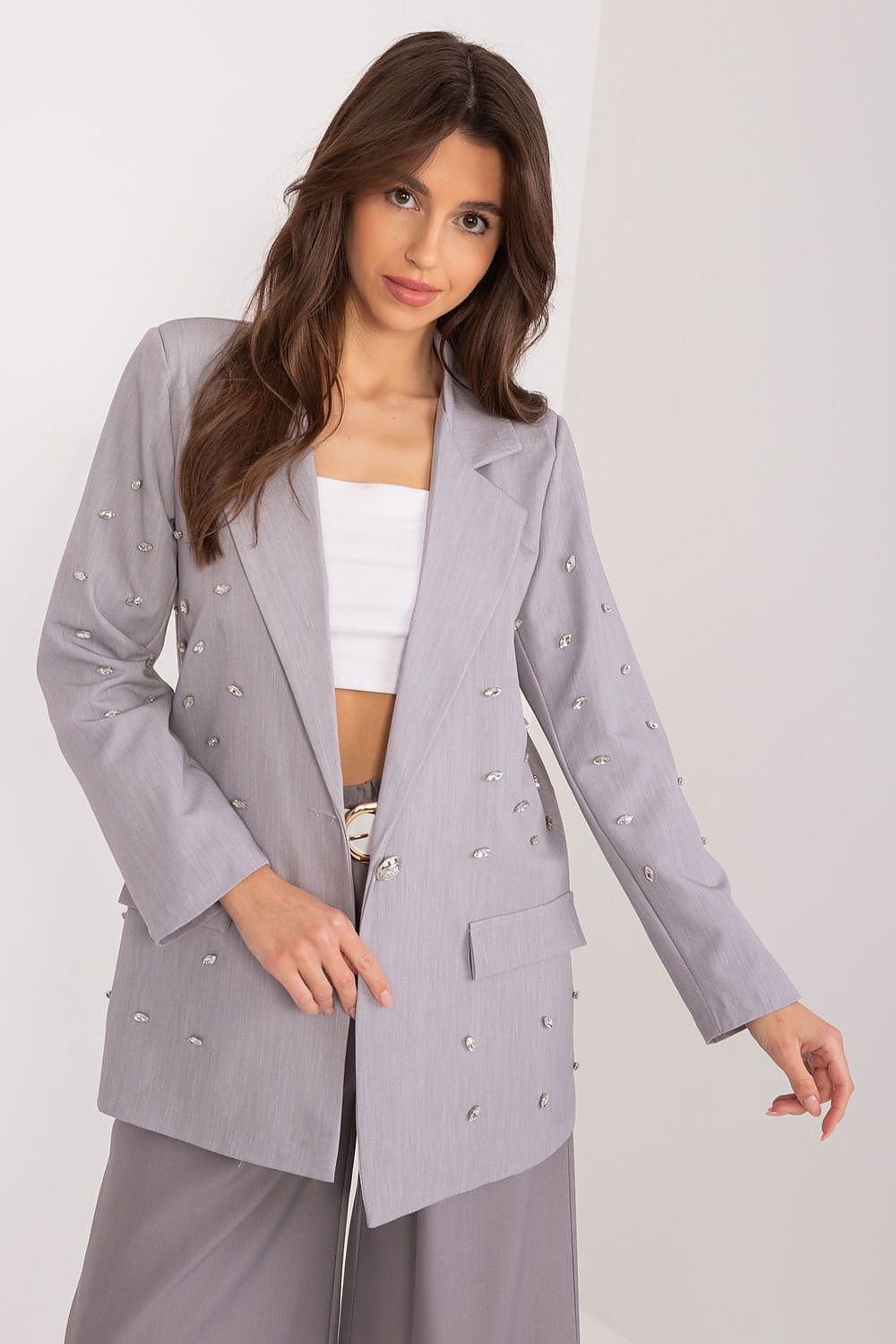 A sophisticated single-breasted women's blazer made from high-quality polyester, perfect for work, formal meetings, or special events. Featuring lined lapels, long sleeves, and a standard length for comfort, this jacket also includes decorative cubic zirconia appliqués on the sleeves and front, adding sparkle and a unique character to your look. 