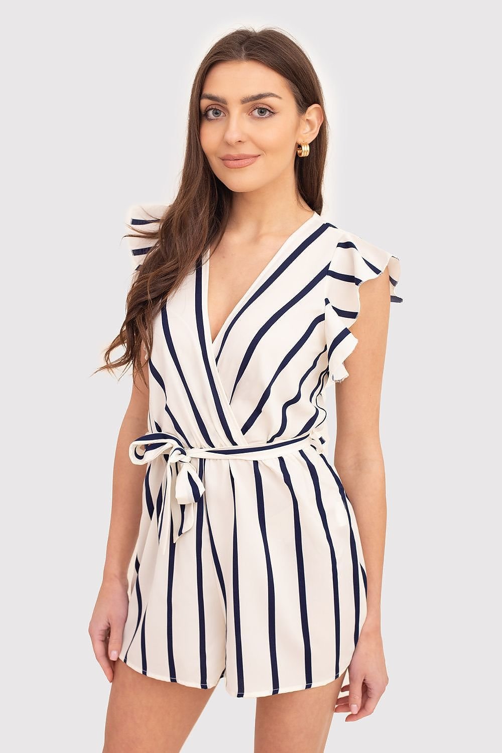 Striped Cream and Navy Jumpsuit with Frill Sleeves and Tie Waist