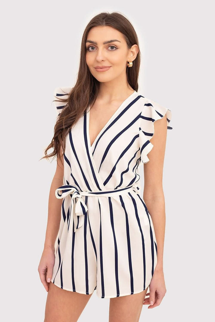 Striped Cream and Navy Jumpsuit with Frill Sleeves and Tie Waist - Ludowika 