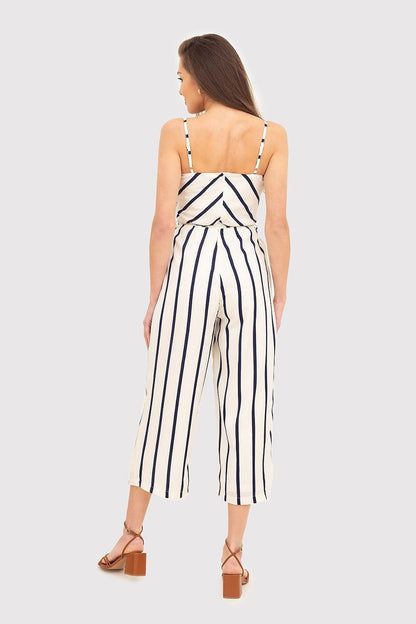 Cream and Navy Blue Jumpsuit with Waist Tie and Wide Legs