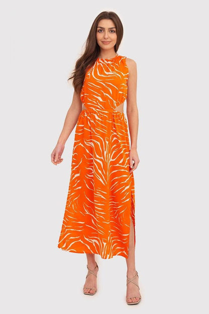 Orange print midi dress with a round neckline, elastic waist, waist cutouts, and side slits—perfect for everyday and evening wear.