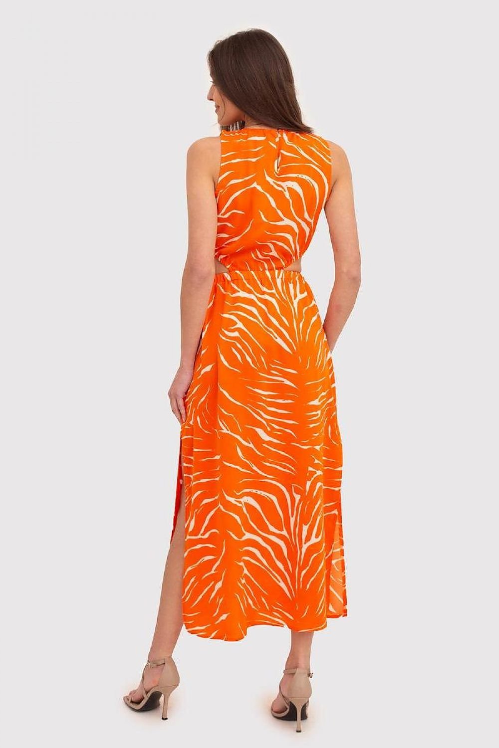 Orange print midi dress with a round neckline, elastic waist, waist cutouts, and side slits—perfect for everyday and evening wear.