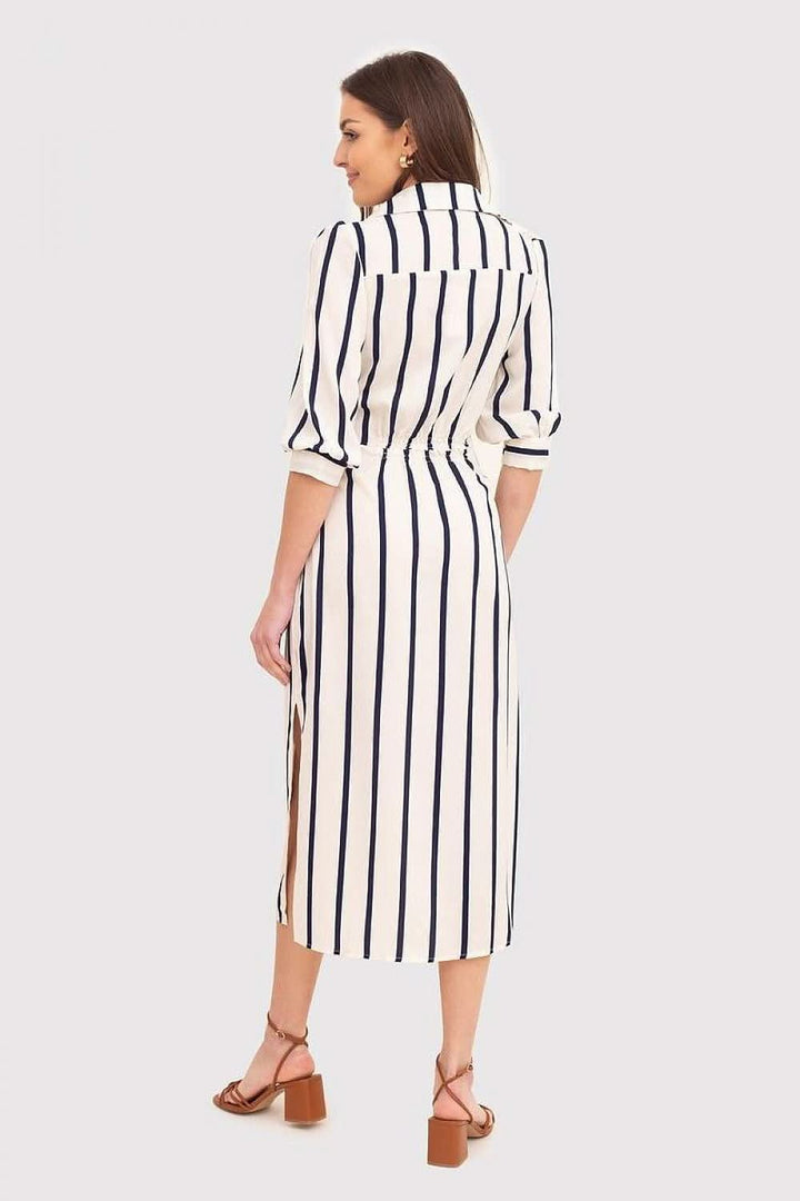 Cream Midi Shirt Dress with Navy Stripes - Ludowika 