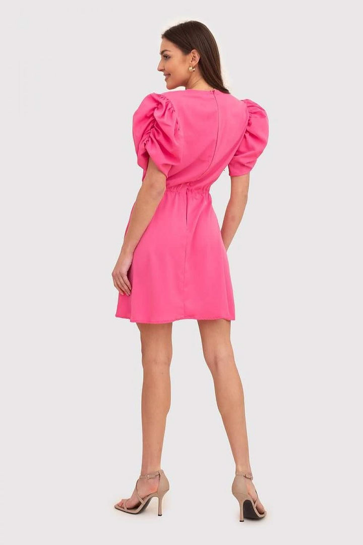 Pink Mini Dress with Short Bouffant Sleeves and Pleated Hem - Ludowika 