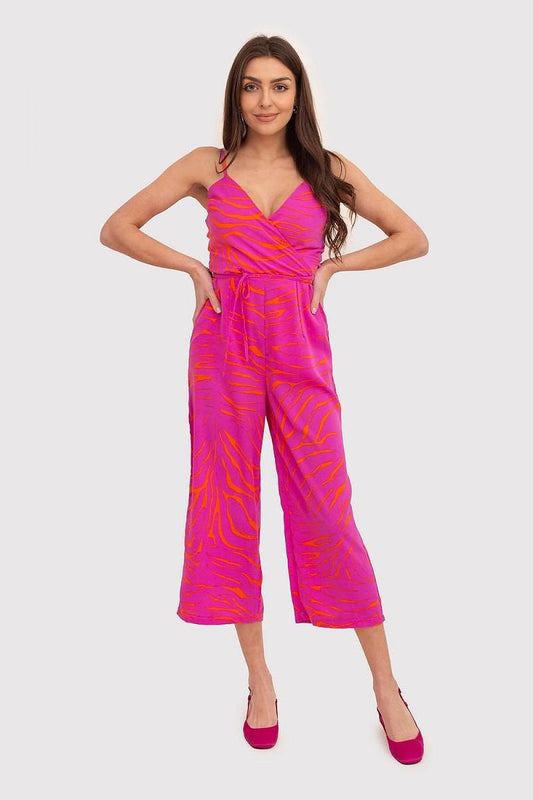 Vibrant strapless jumpsuit in pink and orange print, featuring an envelope-style scoop neckline, waist tie, and full-length legs for a bold, stylish look.






