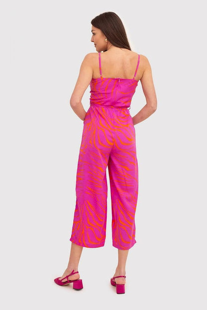 Strapless Pink and Orange Printed Jumpsuit with Waist Tie