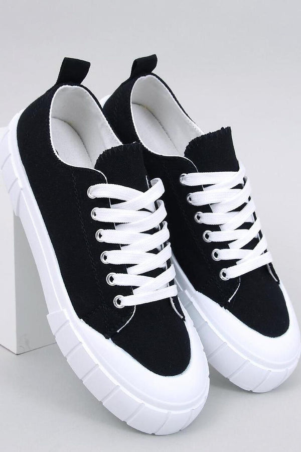 Women's Canvas Lace-Up Sneakers with High White Sole and Fabric Lining