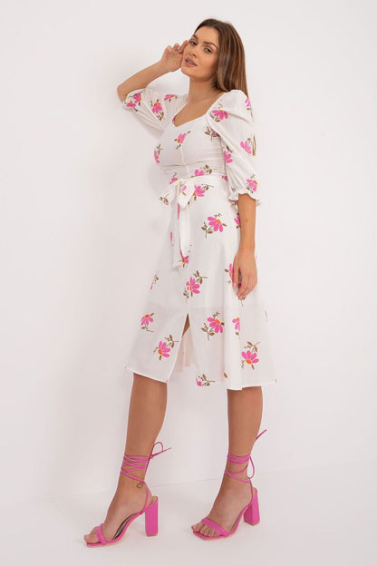 Flared Floral Summer Dress with Tie Belt and Ruffled Sleeves